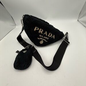 PRADA Triangle Logo Zip Crossbody Black Bag Terry Cloth